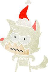 hand drawn retro cartoon of a annoyed fox wearing santa hat