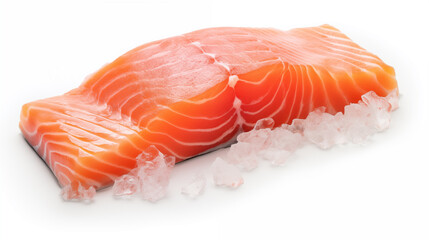 Piece of fresh salmon or trout with ice on a white background.