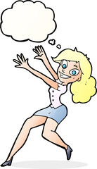 cartoon happy woman jumping with thought bubble