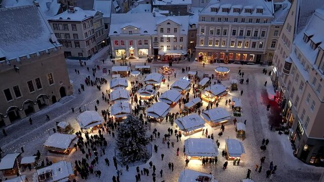 Tallinn,Harju Estonia - 12.01.2023: First Advent at the Town Hall Square in Tallinn. Drone video. Aerial view.