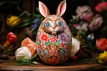 Funny Easter egg in a floral pattern and the muzzle of an Easter bunny with long ears on a dark background with roses.