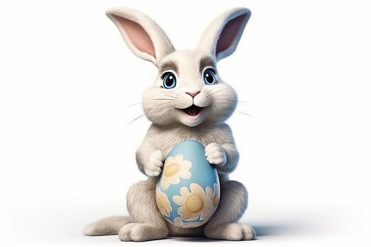 The Easter bunny with cute eyes gives a blue Easter egg in his paws. Isolate on a white background. Cartoon style.