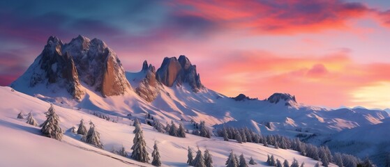 Beautiful wintry landscape with snowy rocks and hills at dusk. Snow covered mountains