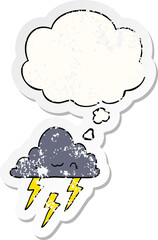 cartoon storm cloud with thought bubble as a distressed worn sticker