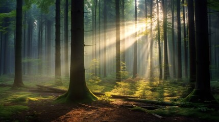 Obraz premium beautiful magic forest in the sunny foggy view. Sunlight in the green forest.