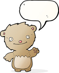 cartoon waving teddy bear with speech bubble