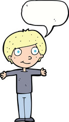 cartoon happy boy with open arms with speech bubble