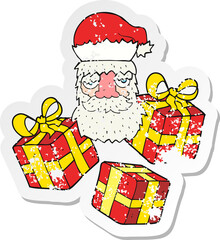 retro distressed sticker of a cartoon tired santa claus face with presents