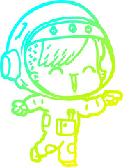 cold gradient line drawing of a happy cartoon space girl