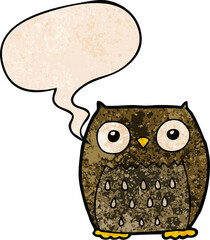 cartoon owl with speech bubble in retro texture style