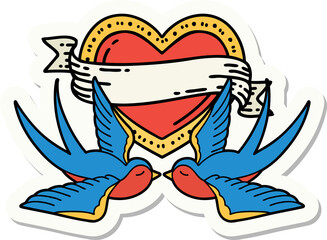sticker of tattoo in traditional style of swallows and a heart with banner