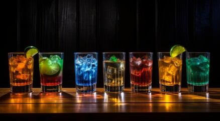 A Colourful Array of Glasses Filled with Various Drinks and Cocktails. A row of glasses filled with different coloured drinks