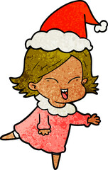 happy hand drawn textured cartoon of a girl wearing santa hat