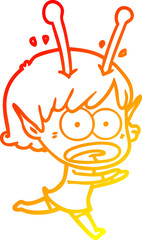warm gradient line drawing of a cartoon shocked alien girl
