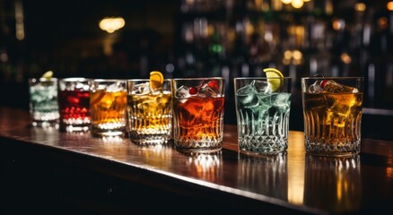 A Colourful Array of Refreshing Alcoholic Drinks. A row of glasses filled with different coloured alcoholic drinks on top of a bar.