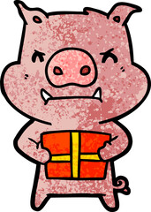 angry cartoon pig with christmas gift