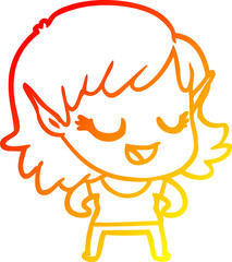 warm gradient line drawing of a happy cartoon elf girl