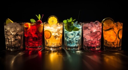 A Colourful Array of Glasses Filled with Various Drinks and Cocktails. A row of glasses filled with different coloured drinks - obrazy, fototapety, plakaty