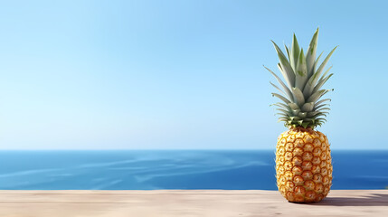 Table with a pineapple with view sea ocean and clear summer sky, copy space,PPT background