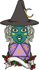 Retro Tattoo Style half orc mage with natural 20 dice roll