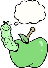 cartoon bug eating apple with thought bubble