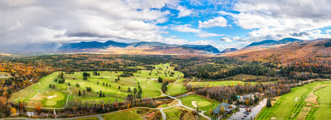 Aerial panorama of Presidential Range covered in clouds, in Bretton Woods, White Mountain National...