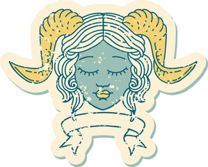 Retro Tattoo Style tiefling character face with scroll banner