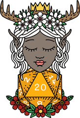 Retro Tattoo Style elf druid character with nautral twenty dice roll