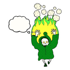 freehand drawn thought bubble cartoon dancing flaming death skeleton