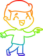 rainbow gradient line drawing of a cartoon laughing man pointing