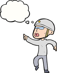 cartoon man in bike helmet pointing with thought bubble