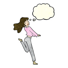 cartoon happy girl kicking out leg with thought bubble