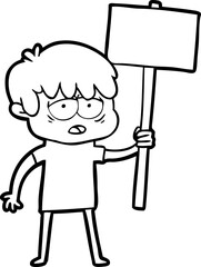 cartoon exhausted boy with placard