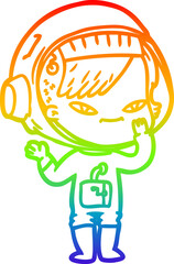rainbow gradient line drawing of a cartoon astronaut woman