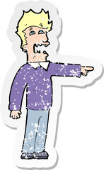 retro distressed sticker of a cartoon man accusing
