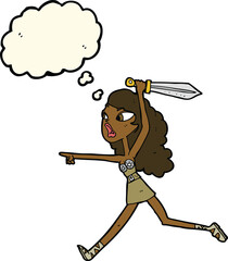 cartoon girl with sword with thought bubble