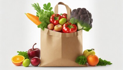 Paper bag with vegetables and fruits on white background. Vegetarian food