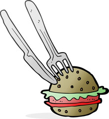 freehand drawn cartoon knife and fork cutting burger