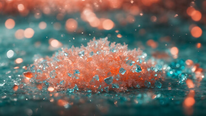 Abstract Background with Aquamarine and Radiant Coral Particles. Sparkling Coral Bokeh Lights on Luminous Aquamarine Canvas. Coral Foil Texture, Embodying Holiday Luxury.
