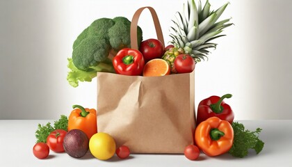 Paper bag with vegetables and fruits on white background. Vegetarian food