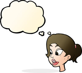 cartoon friendly woman with thought bubble