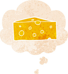 cartoon cheese with thought bubble in grunge distressed retro textured style