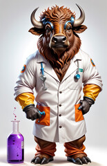 anthropomorphic caricature buffalo wearing a chemistry clothing with chemical tools
