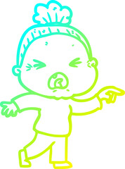 cold gradient line drawing of a cartoon angry old woman