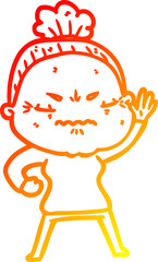 warm gradient line drawing of a cartoon annoyed old lady