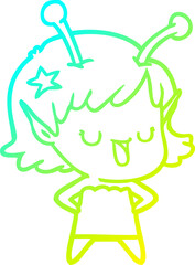 cold gradient line drawing of a happy alien girl cartoon