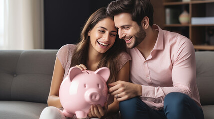 Smiling couple sitting on a sofa, holding a pink piggy bank together, symbolizing financial planning and savings in a domestic setting.