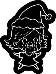 quirky cartoon icon of a woman crying wearing santa hat