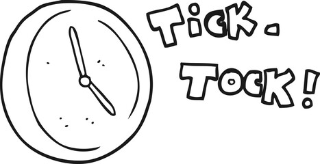 freehand drawn black and white cartoon ticking clock