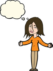 cartoon woman shrugging shoulders with thought bubble